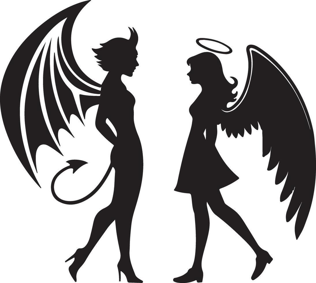 Enchanting Silhouette of Angel and Devil Facing Each Other, a Dramatic Black and White Illustration of Good vs Evil vector