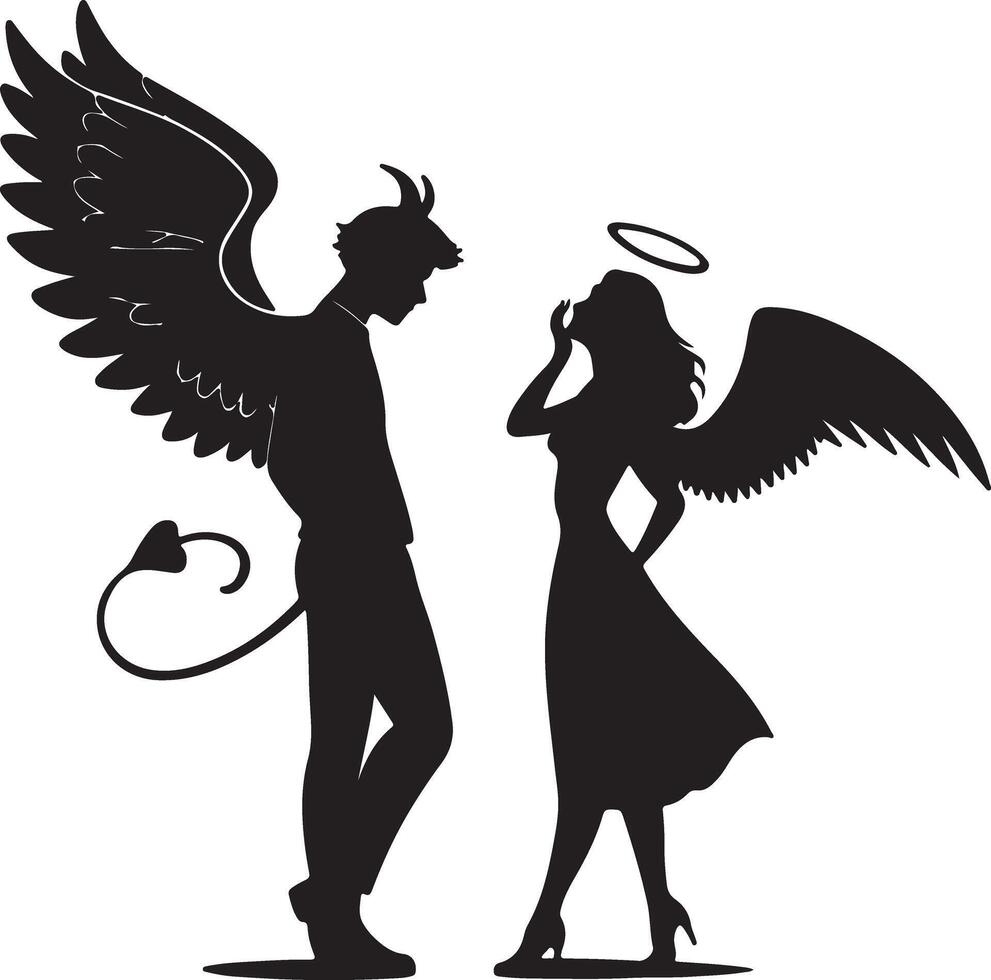 Mysterious Silhouette of Angel and Devil in a Dramatic, Romantic, Black and White Illustration - Professional digital artwork with vibrant colors and detailed composition vector