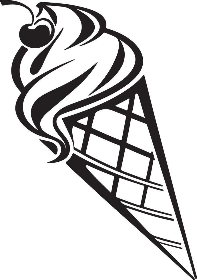 Delicious Swirling Ice Cream Cone with Cherry on Top, A Summer Treat Illustration in Black and White vector