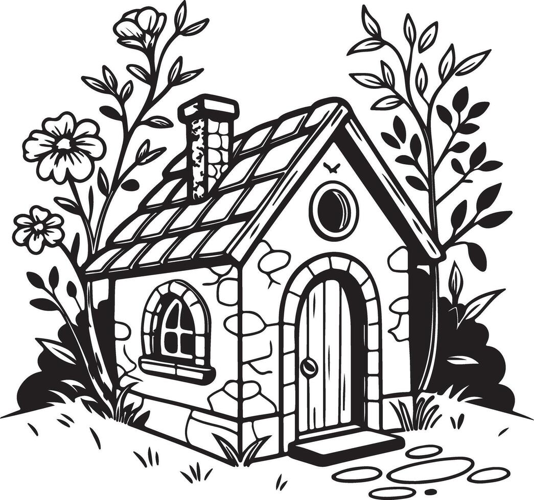 Charming Stone Cottage Nestled in a Lush Garden, Black and White Illustration, Whimsical Fairy Tale Setting vector
