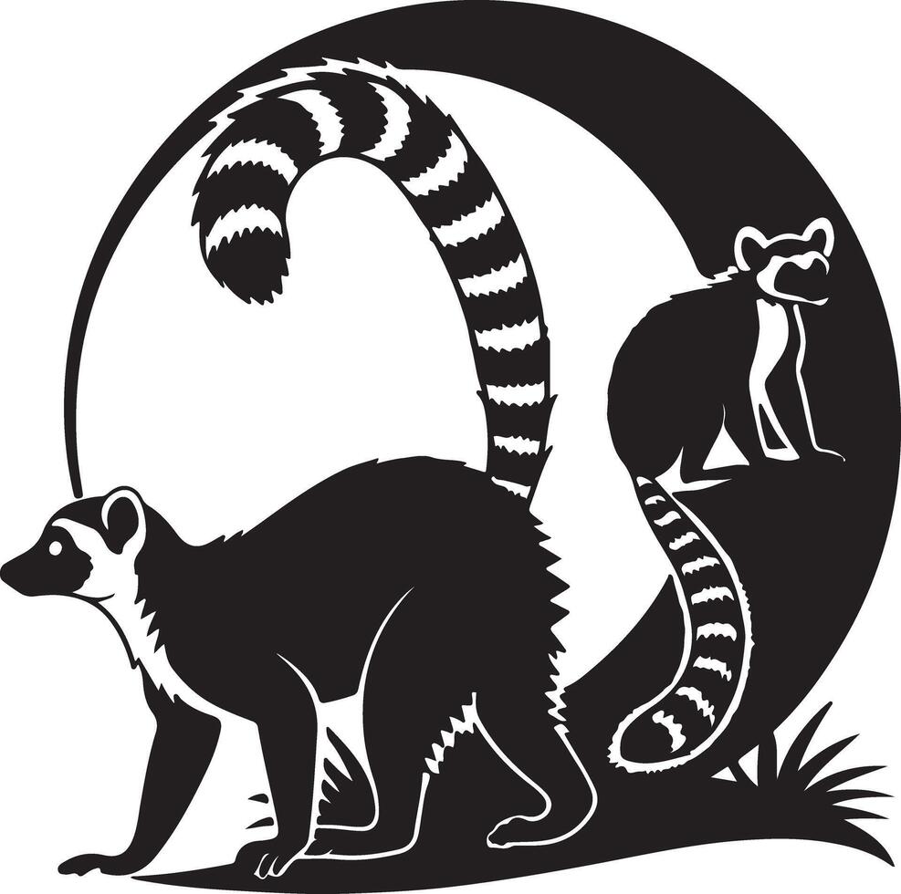 Majestic Lemurs in Silhouette Elegant Black and White Wildlife Art, Tropical Setting, Serene Mood - Professional digital artwork with vibrant colors and detailed composition vector