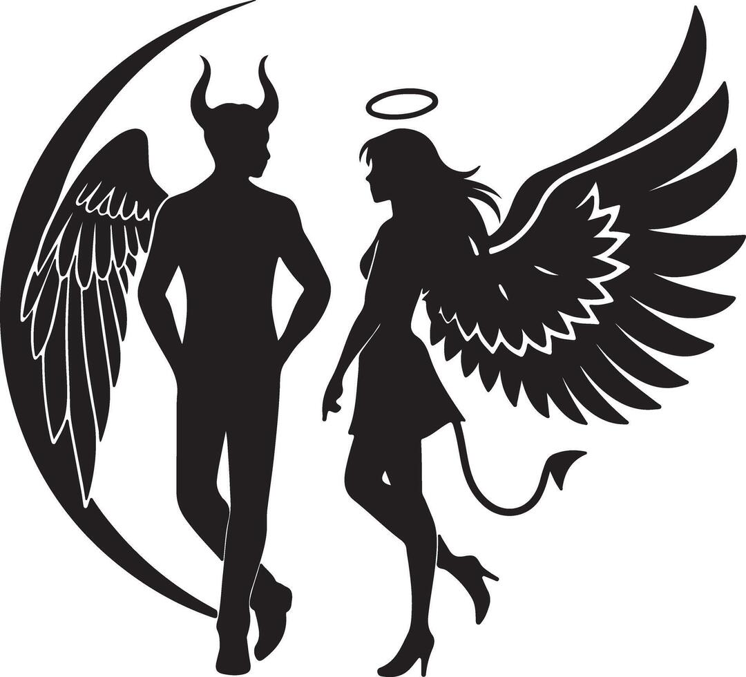 Mysterious Silhouette of Angel and Devil Facing Each Other in a Dark, Romantic Moonlit Scene vector