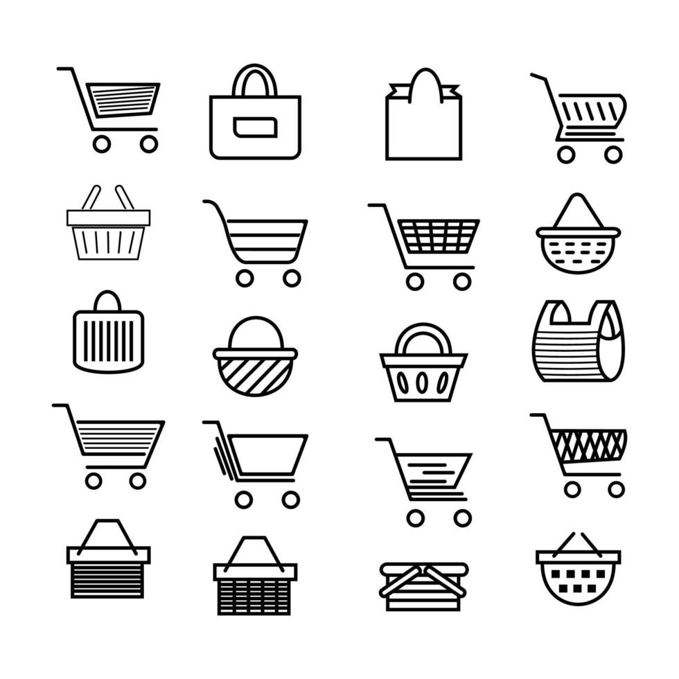 line drawings depicting various shopping carts, baskets, and bags, all in an outline style. vector