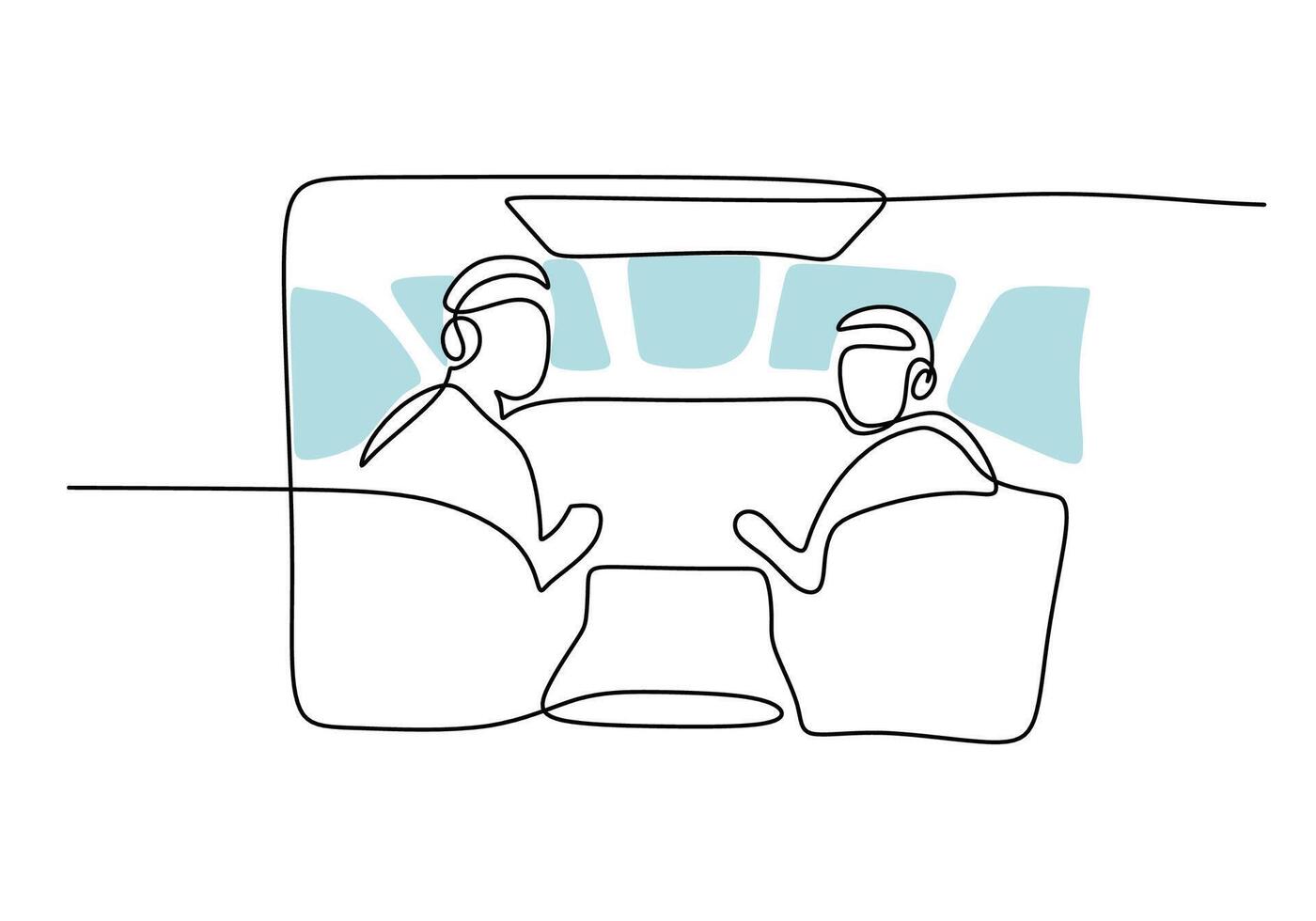 Pilots in cabin in one continuous line drawing style. vector