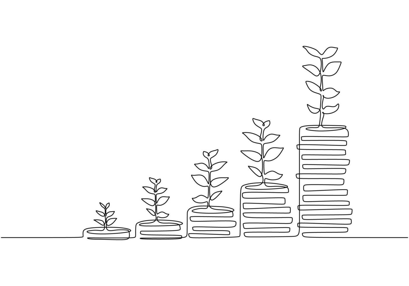 Single continuous line of coins stacks, money saving and investment vector