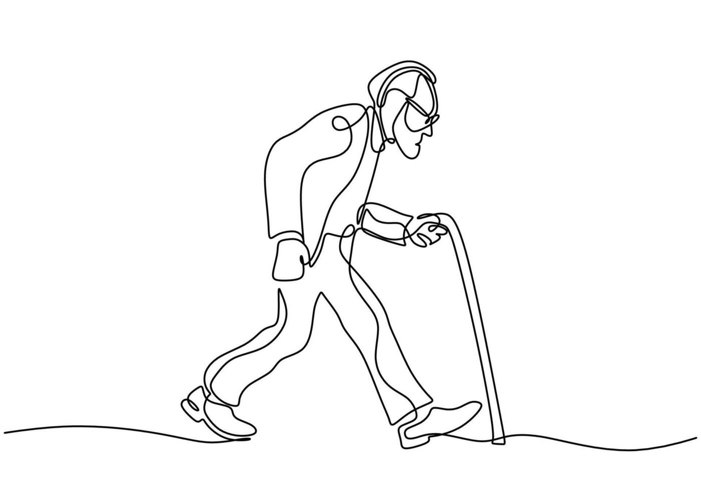 Old man walking with a cane in one continuous line drawing. vector