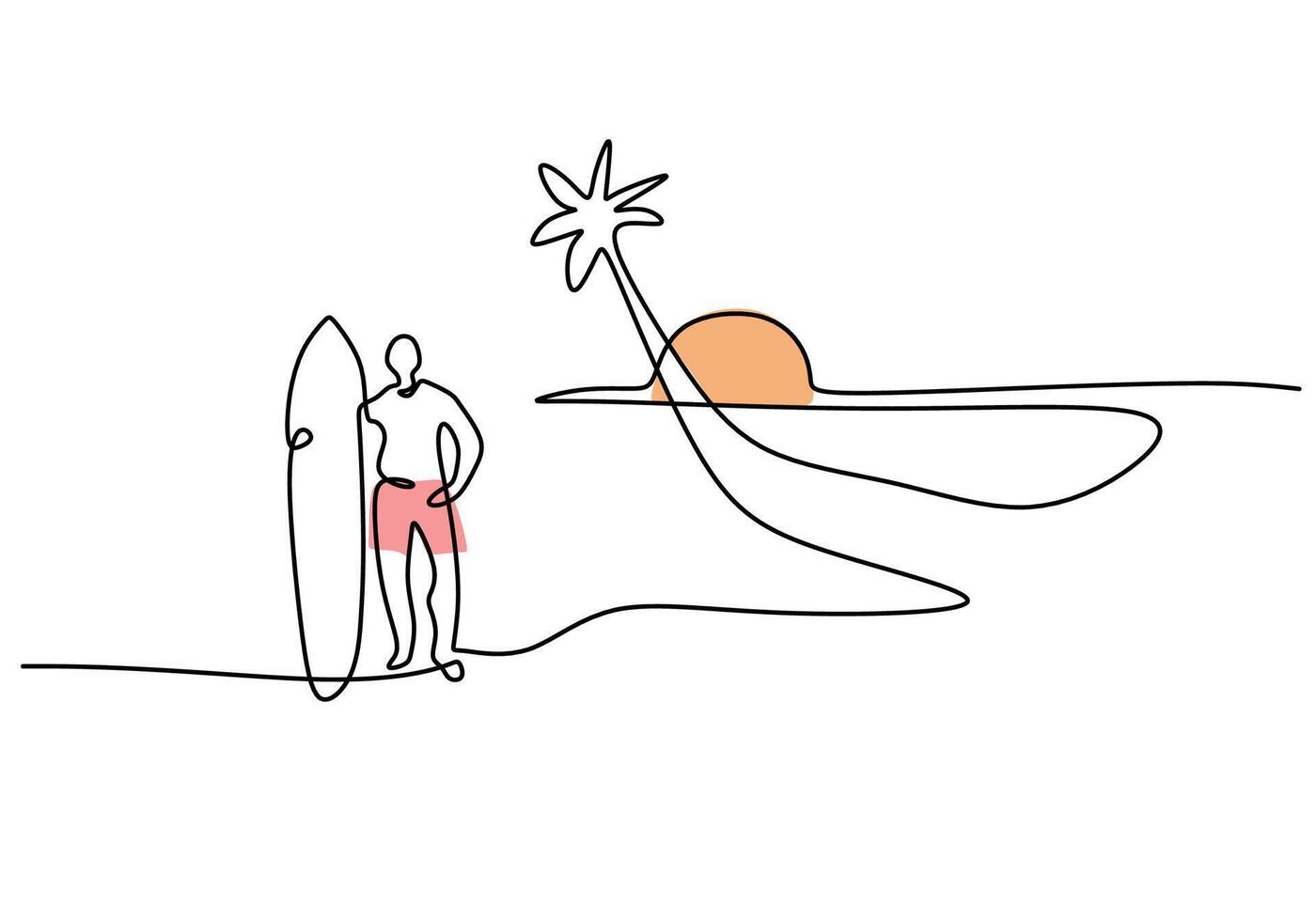 One continuous single line drawing of surfer with surfboard standing up in sand of sunset beach. vector