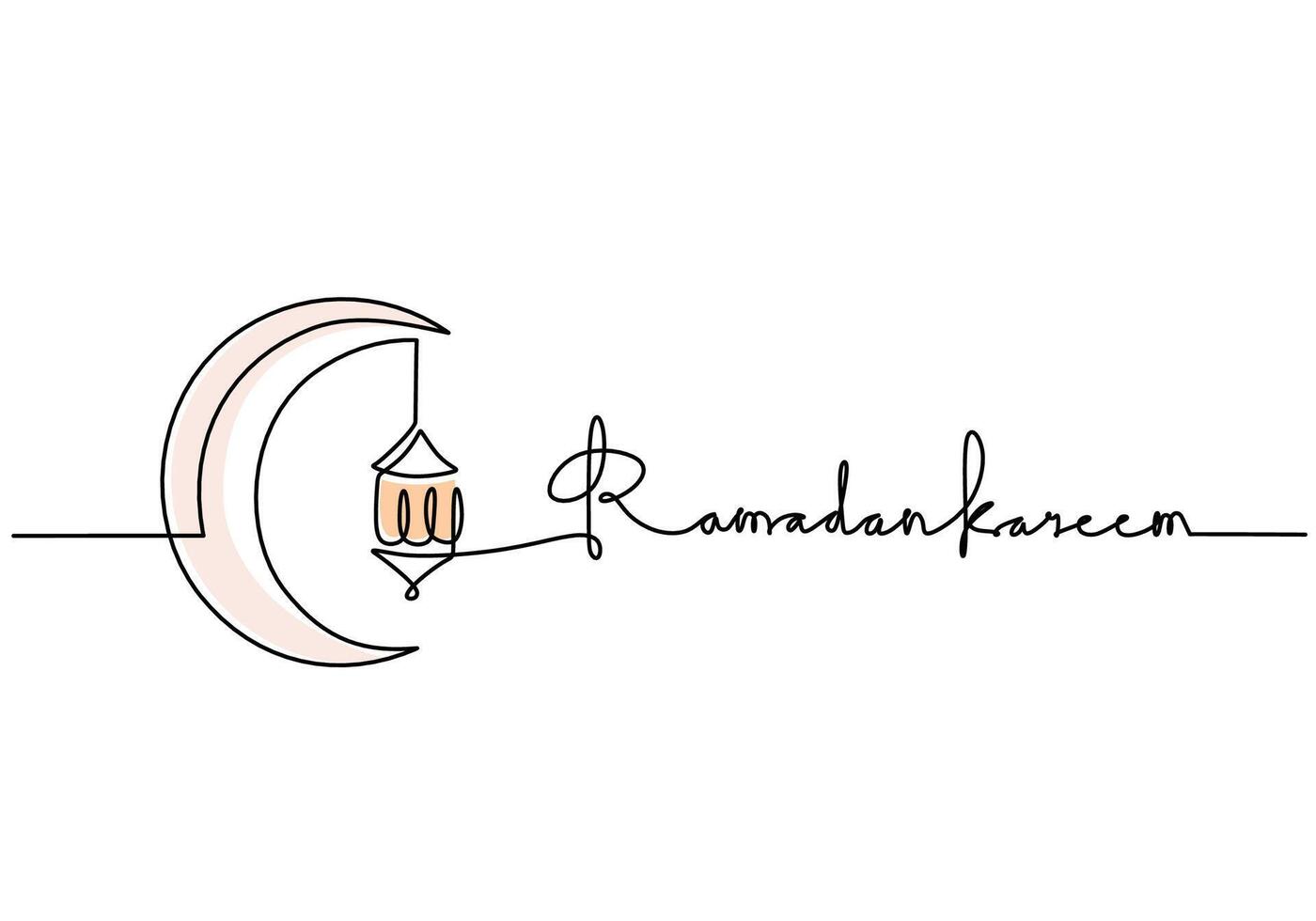 Lantern hanging at crescent moon with ramadan kareem handwritten inscription in One line drawing. vector