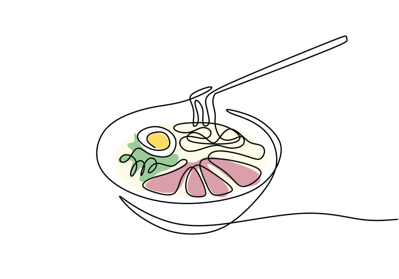 one continuous line drawing of chopsticks on ramen or chicken noddle with egg in big mug. vector