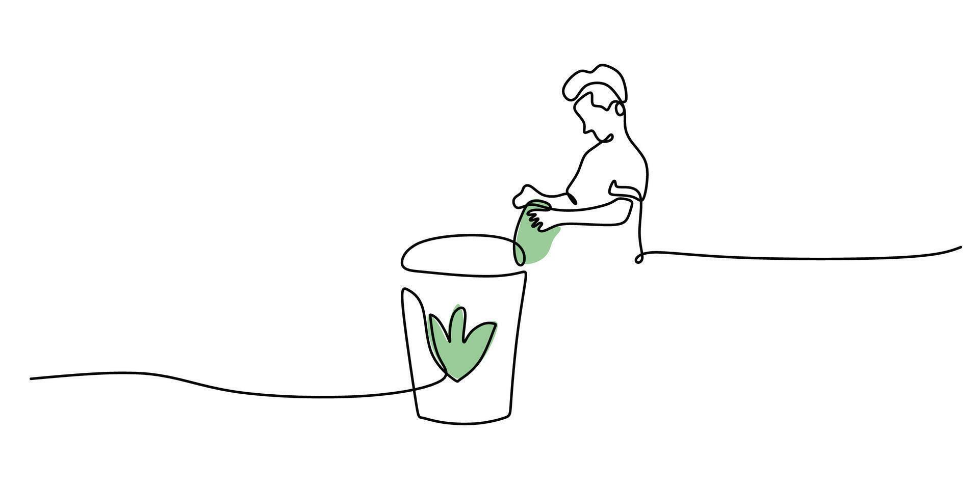 Man throw garbage in continuous line art drawing style vector