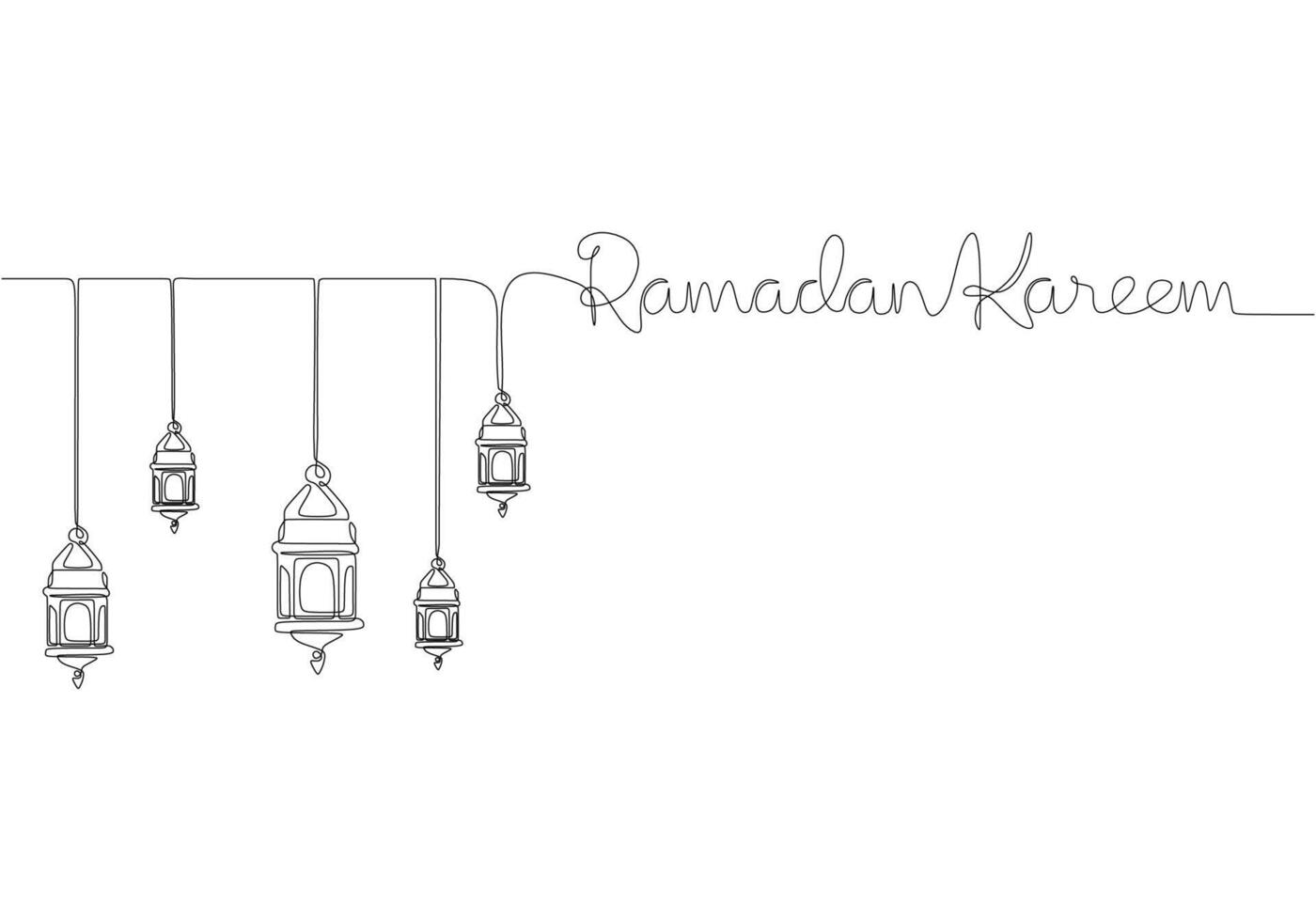 Hanging lanterns with ramadan kareem handwritten inscription in one single continuous line drawing. vector