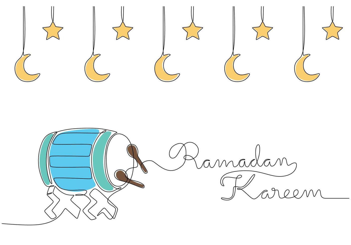 Stars, crescent moons, drum and ramadan kareem handwriting in one continuous line style. vector