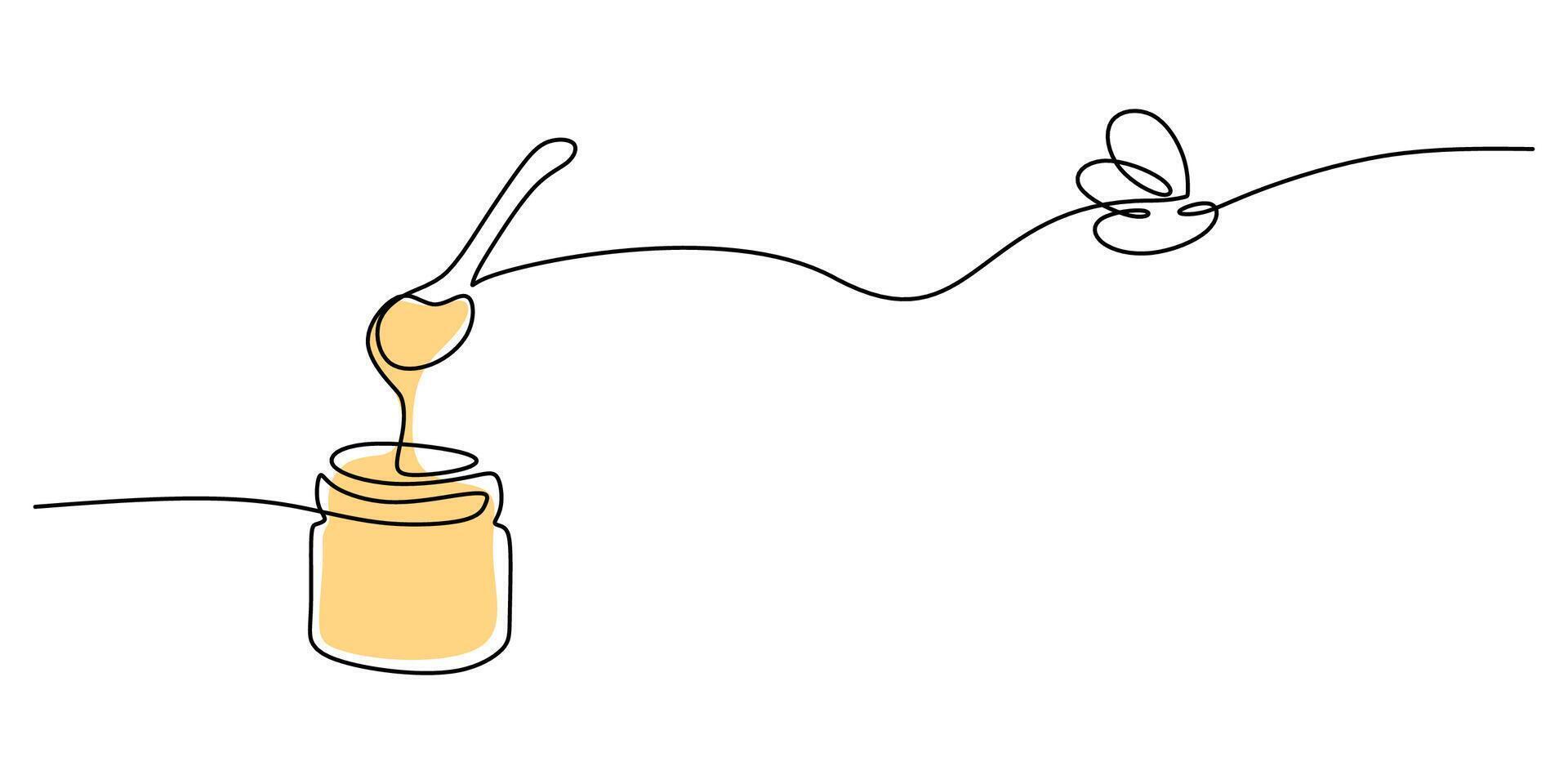 Glass canning jar and big spoon with honey in continuous line art style isolated on white background vector