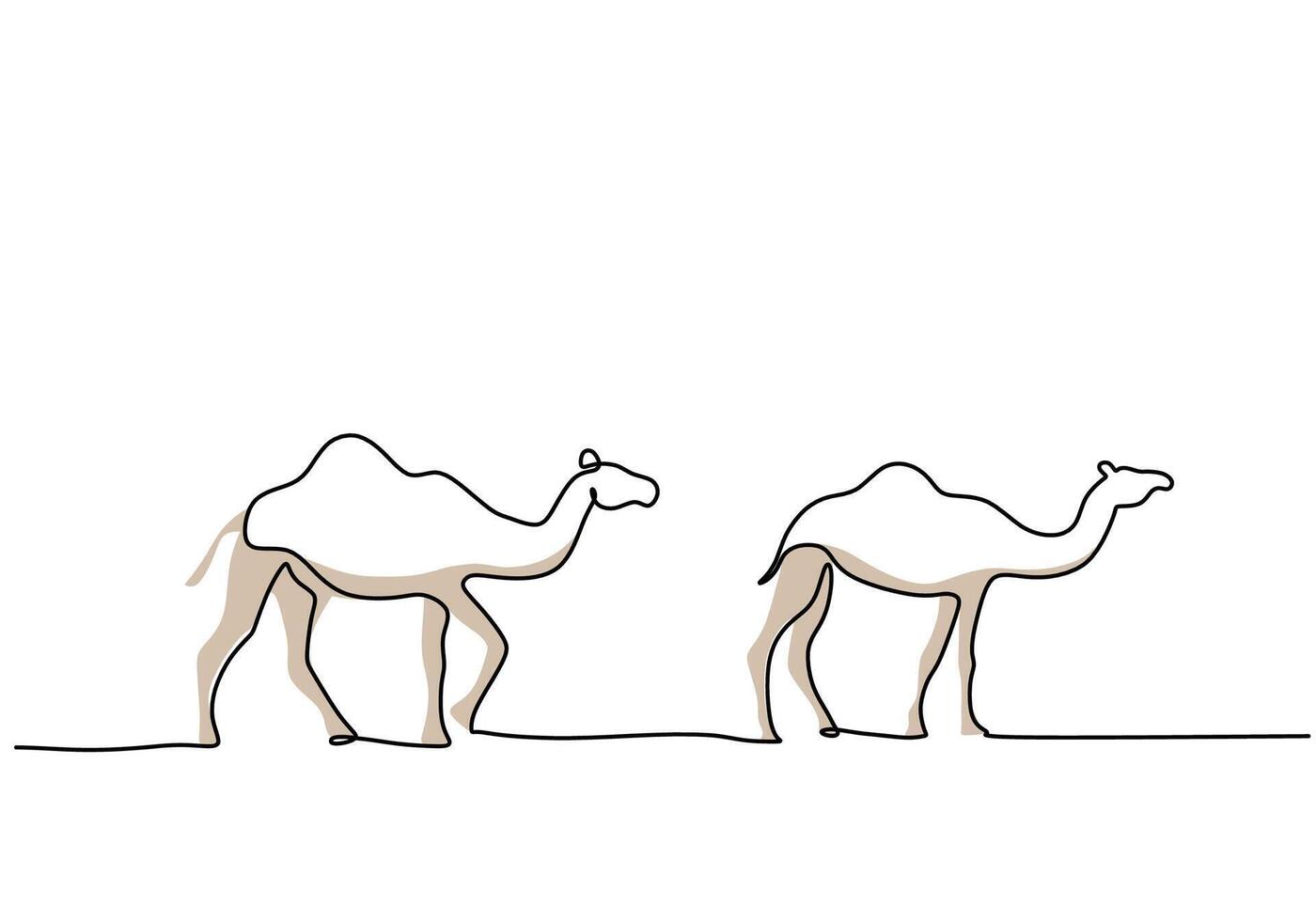 Two big camels on the desert in one single continuous line drawing style for Ramadan kareem concept. vector