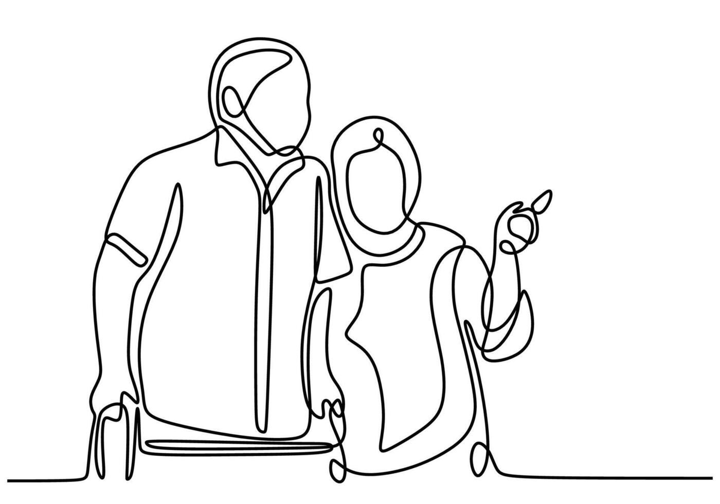 Single one line drawing is Grandma supports Grandpa walking with cane vector