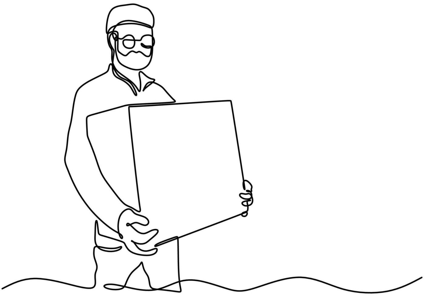 Man carrying a cardboard box. World humanitarian day one line drawing vector