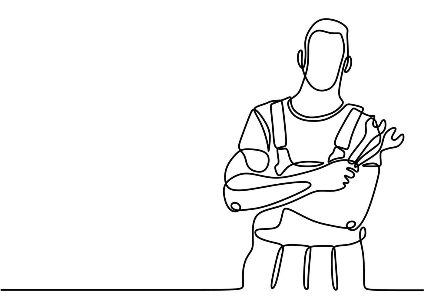 One line drawing mechanic holding the wrench works. vector