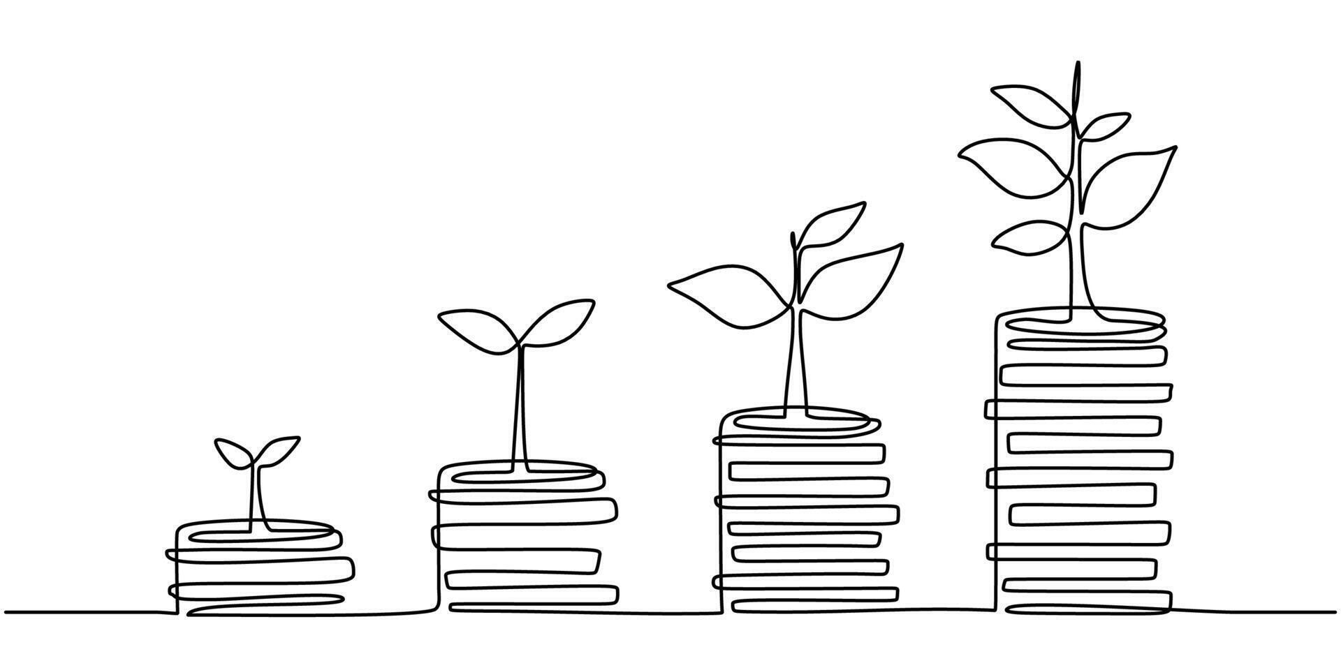 Continuous line drawing coins stacks, money, saving and investment vector