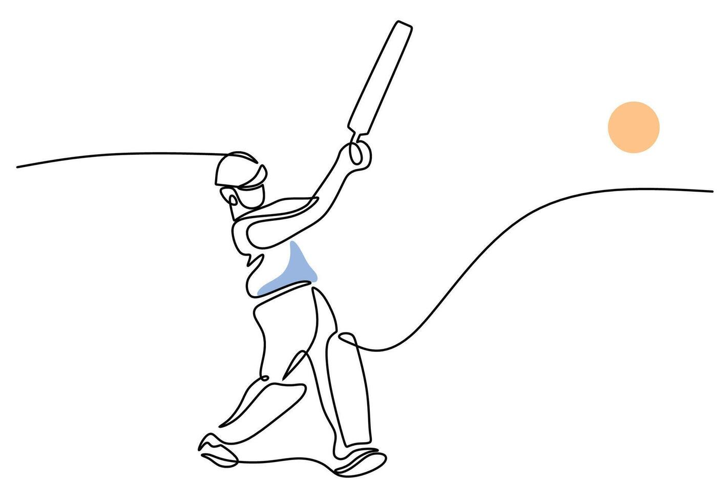 One continuous single line drawing of man cricket player stance standing and hit ball. vector
