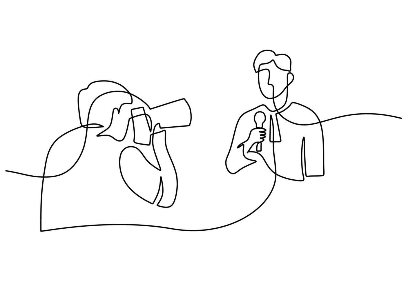 One single continuous line of journalist reporter with cameraman. vector