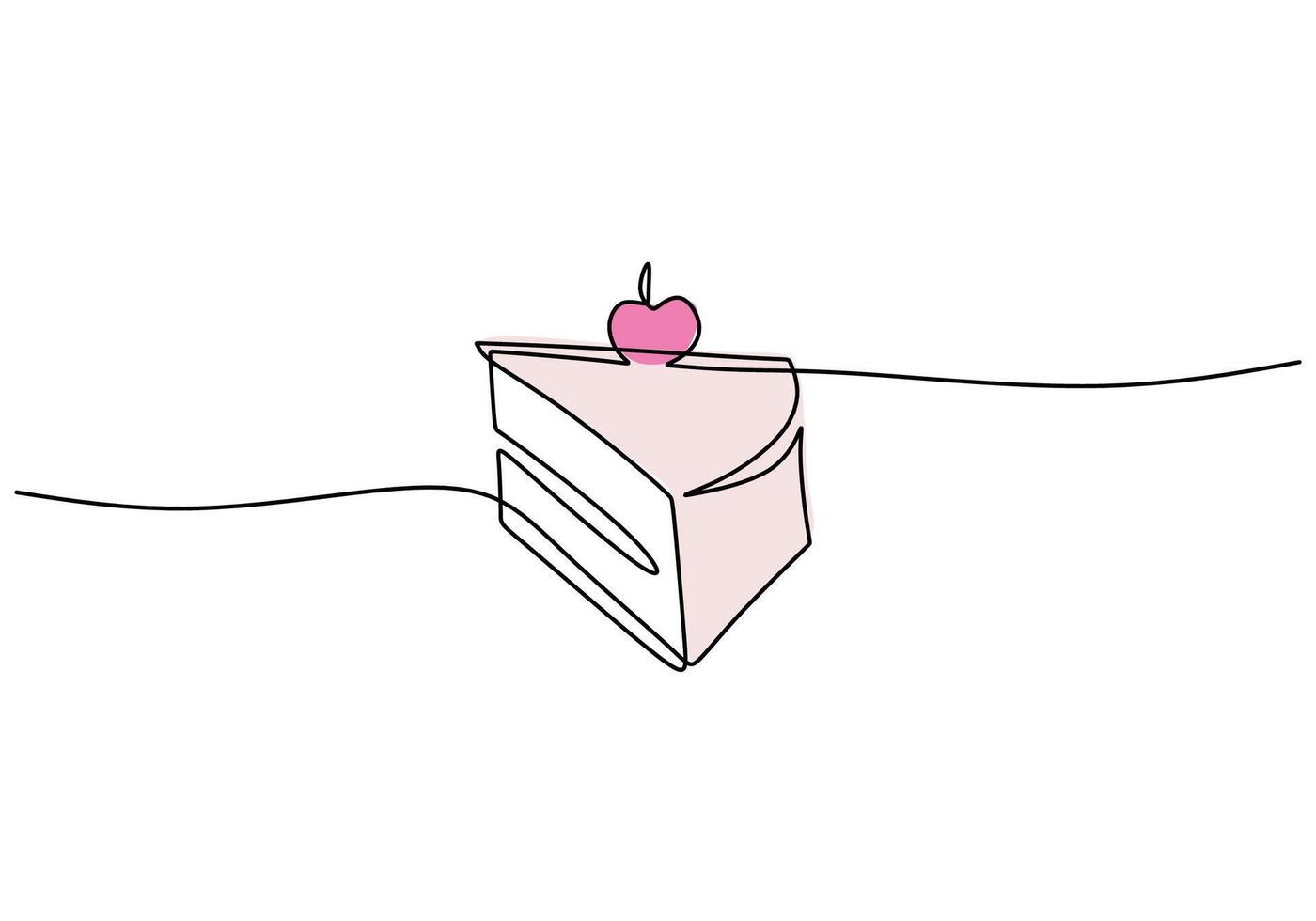 Piece of birthday cake with pink cherry topping in one continuous line drawing style. vector