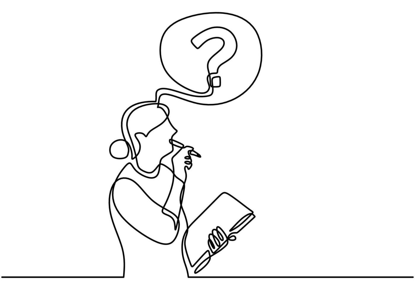 Continuous line girl standing holding pen and book find ideas. vector