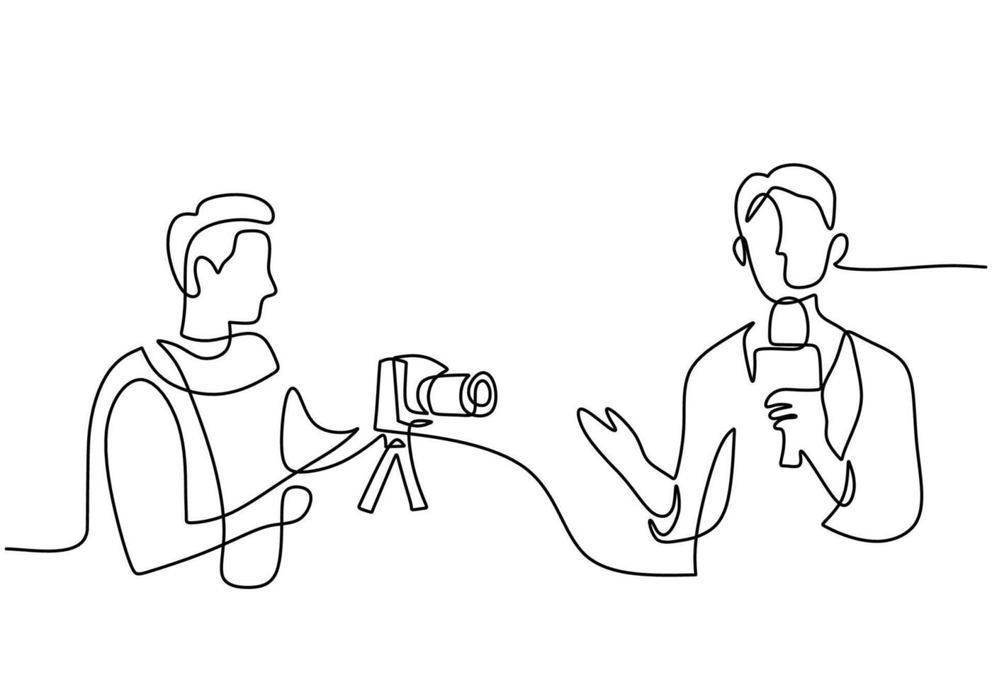 Single continuous line of journalist reporter with cameraman vector