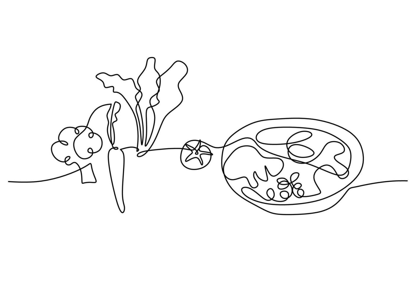 broccoli, carrot, vegetable and healthy food in one continuous single line style on white background vector