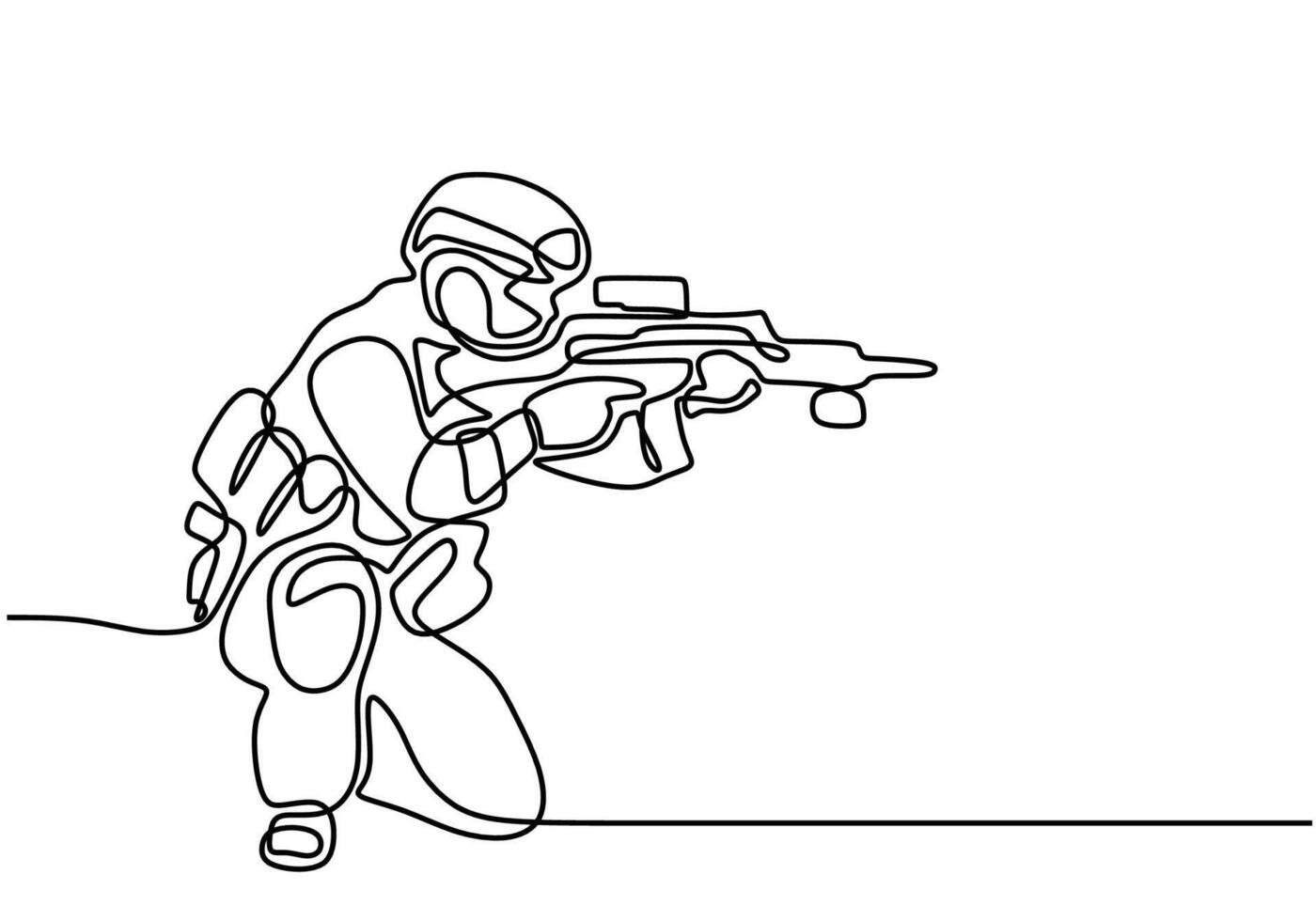 Soldier ducked with weapon in one line style illustration. vector