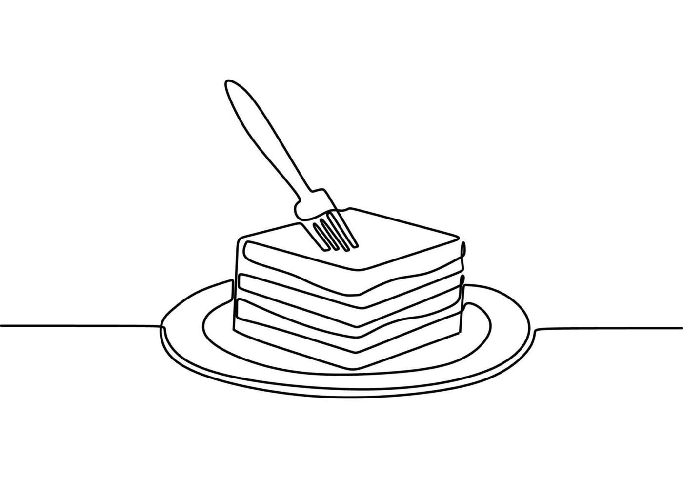 one line drawing of cheesecake with fork. Hand drawn piece of cake vector