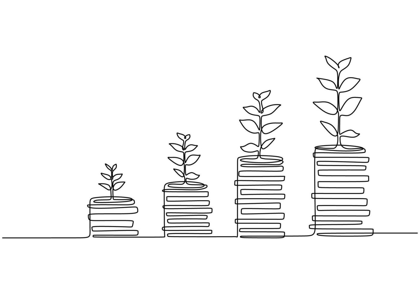 Continuous line art coins stacks, money, saving and investment. vector