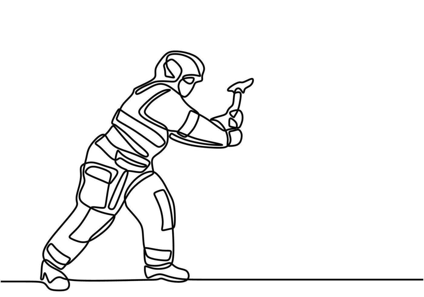 continuous line drawing of running firefighter with axe hammer. vector