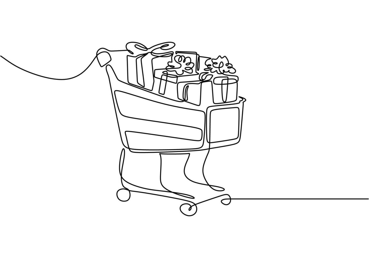 Single continuous line art shopping cart gifts trolley. vector