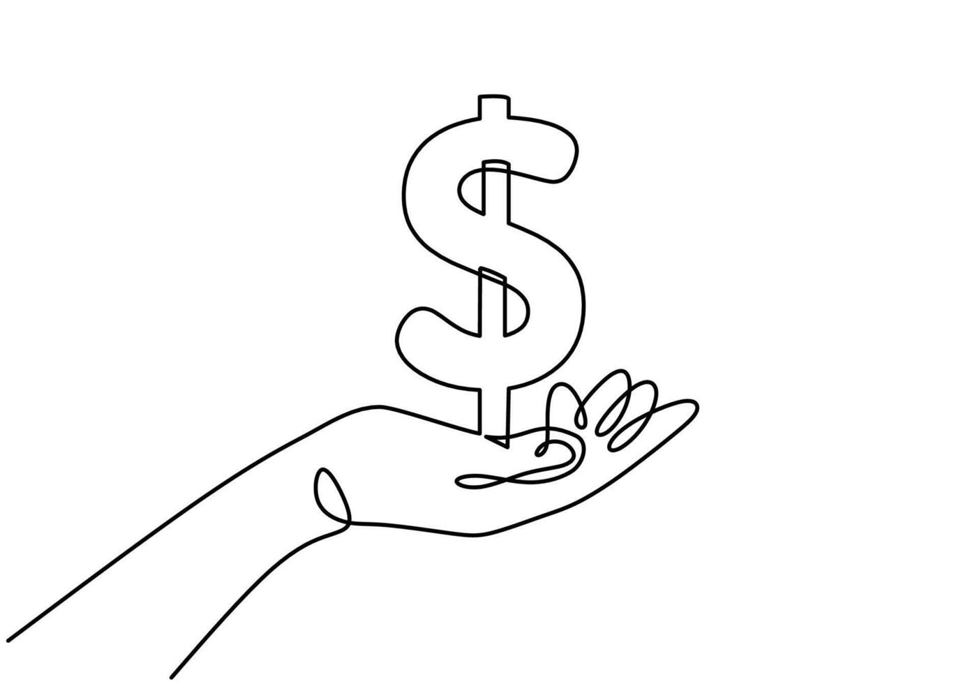 Hand holding dollar symbol continuous one line drawing art. vector