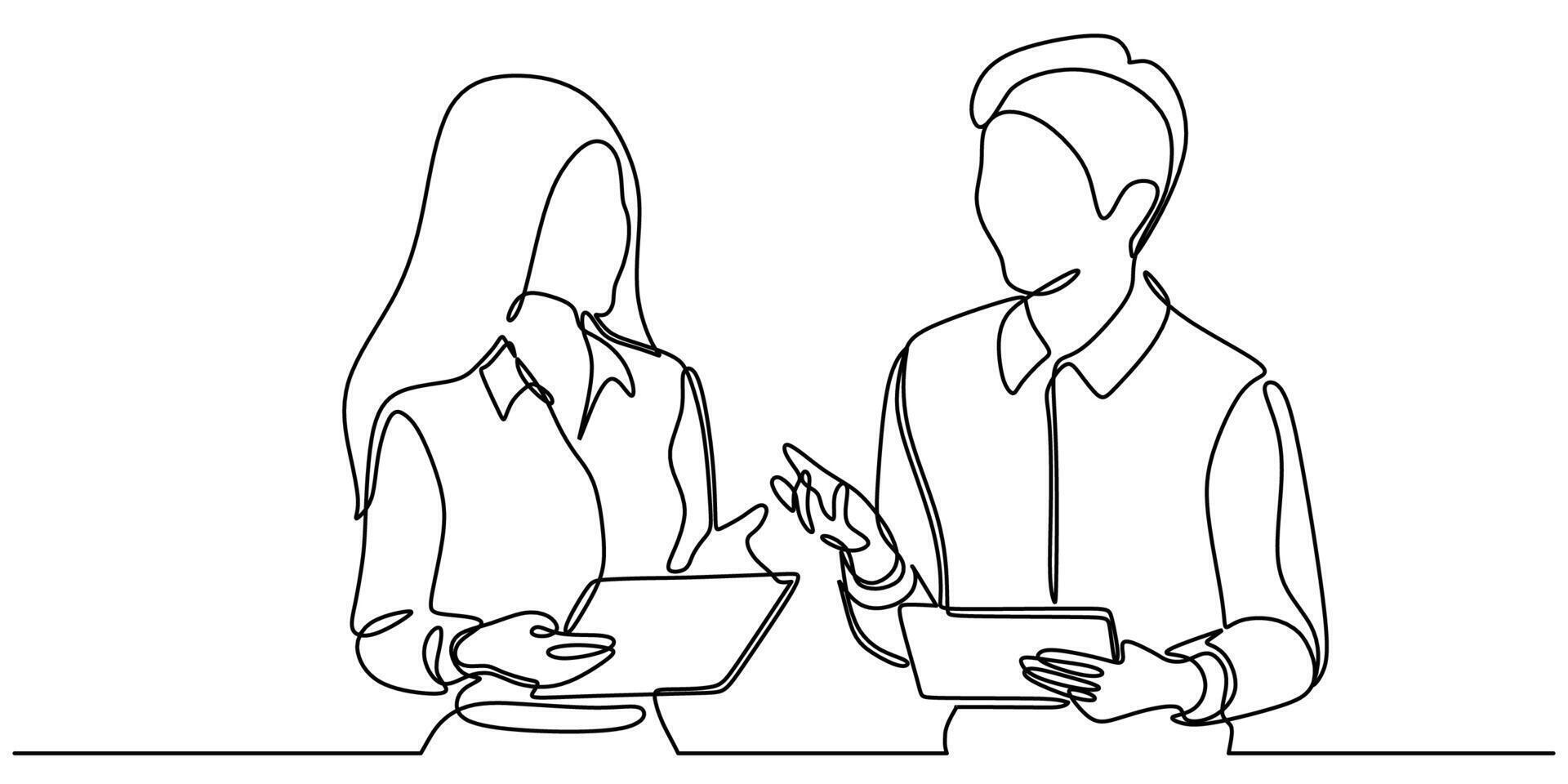 continuous line drawing of office workers at business meeting talking vector