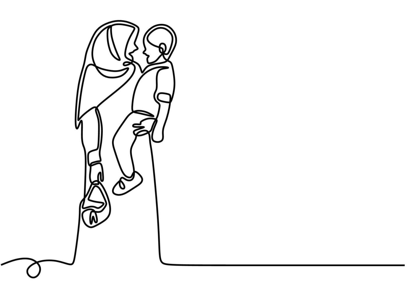continuous single one line Muslim woman with children on hands painted vector
