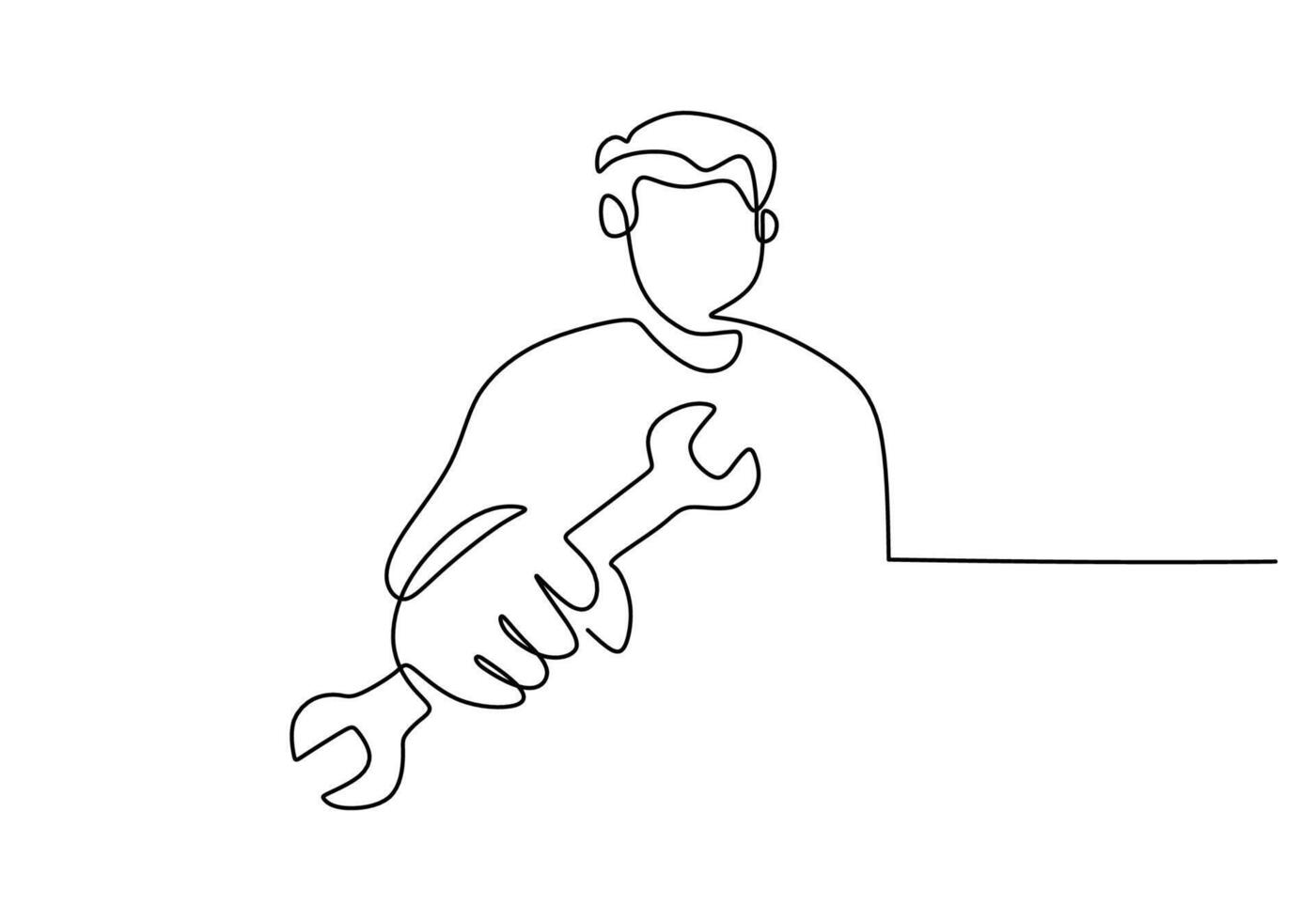 One line drawing mechanic holding wrench works vector