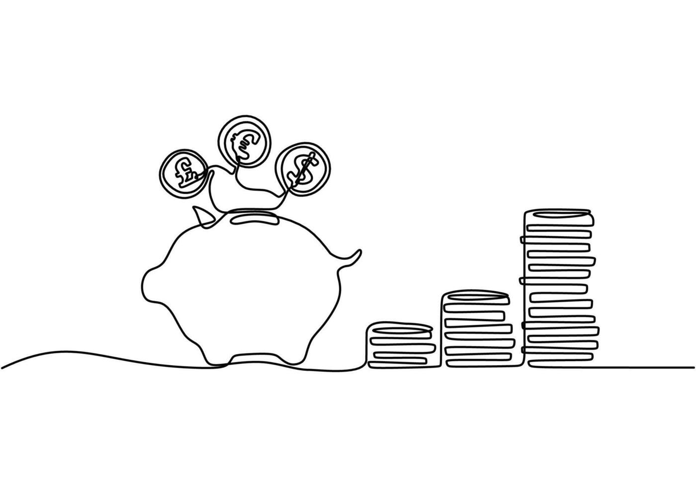 Continuous line drawing of piggy bank with stack coins saving money vector