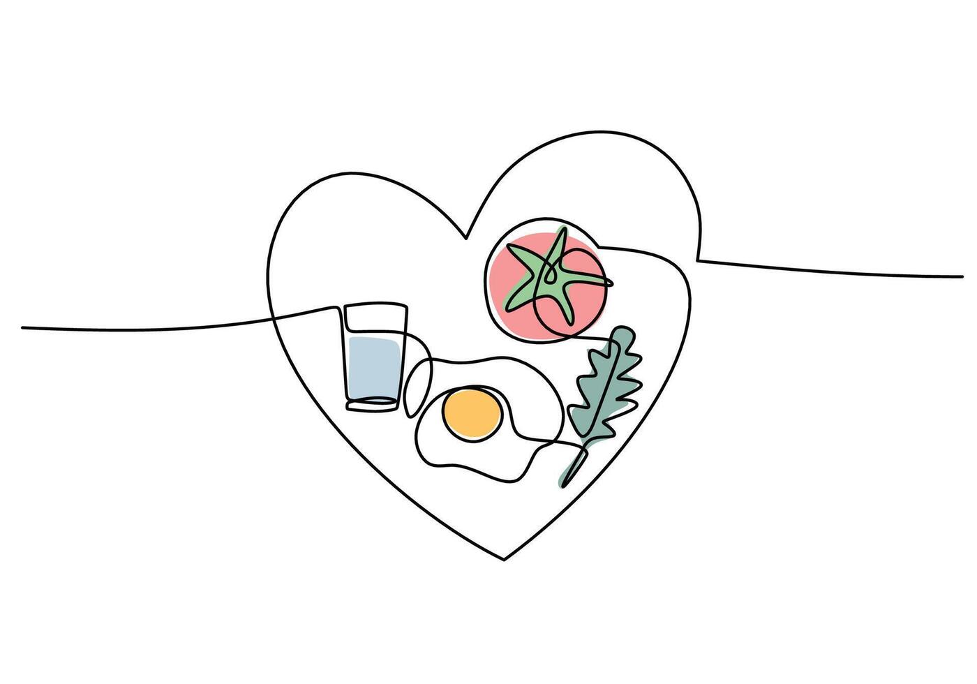 one continuous single line milk, egg, tomato and vegetable in love symbol for healthy food concept vector