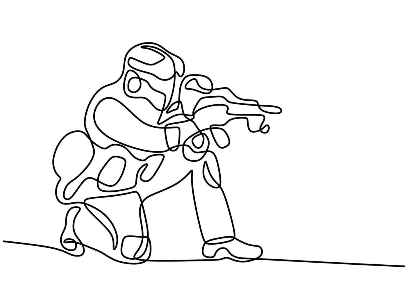 Soldier ducked with weapon in one line art vector
