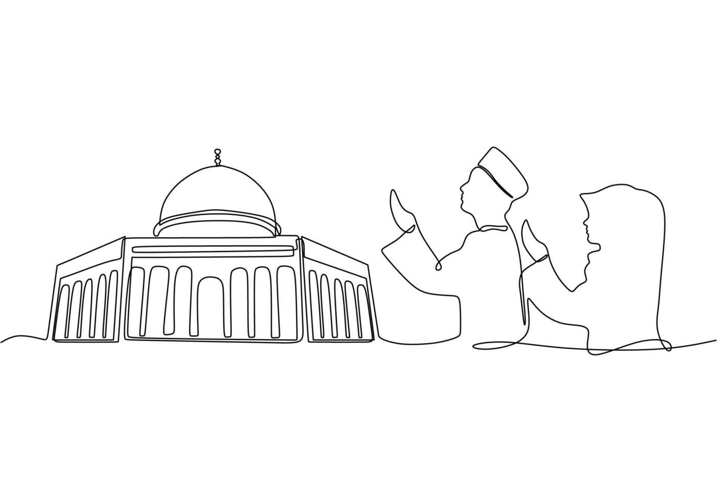 Continuous line, one-line, man woman muslim praying and mosque vector