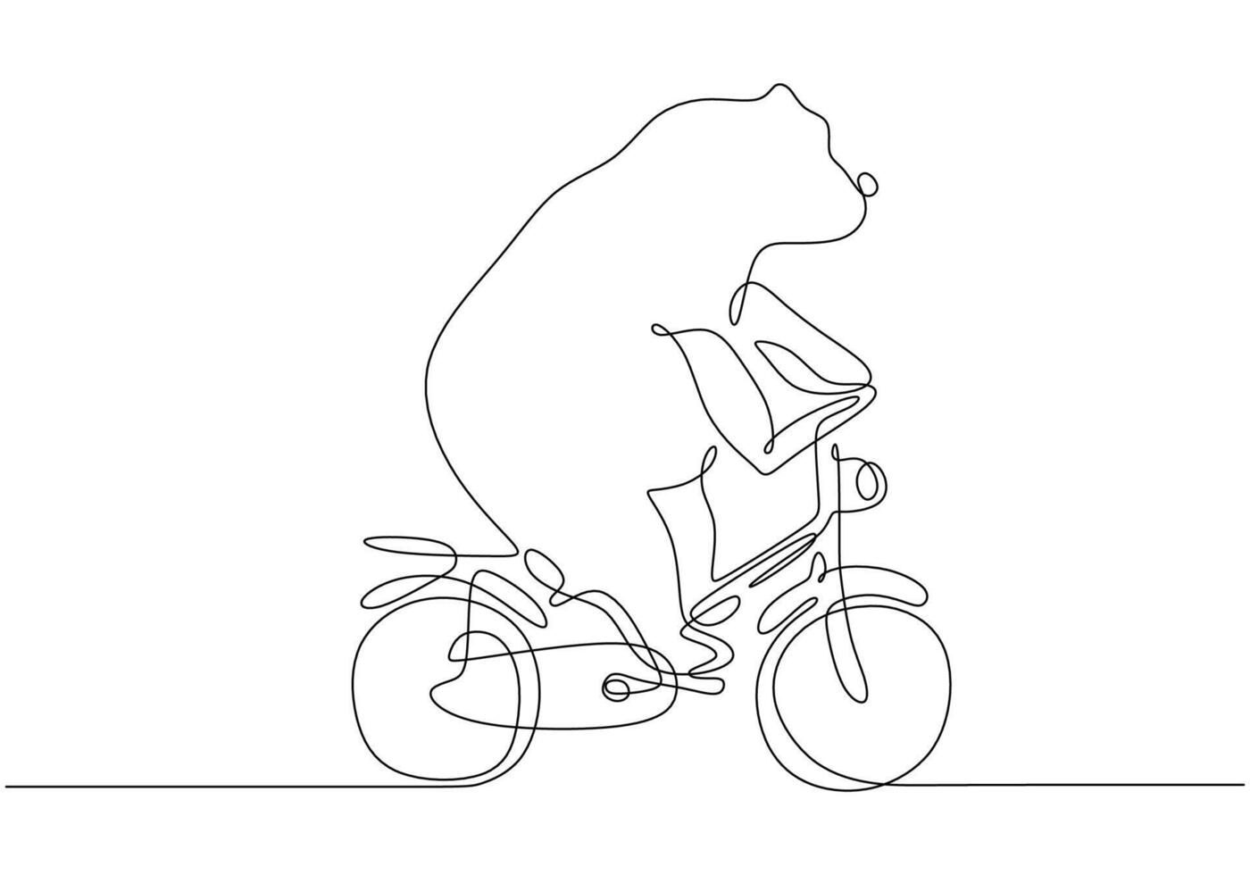 bear riding a bicycle in one single continuous line drawing style isolated on white background. vector