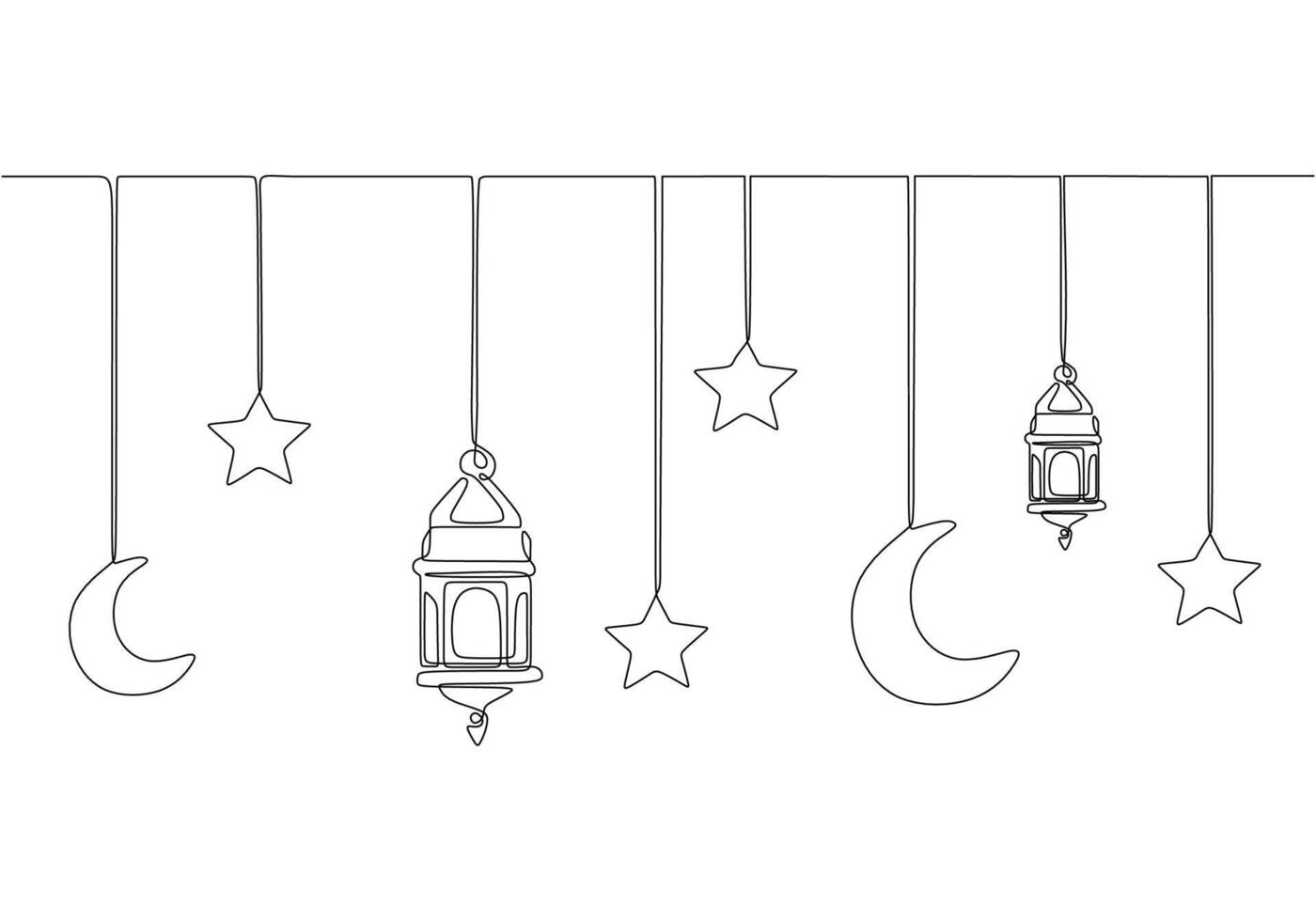 Hanging moon, star and lantern elements in one single continuous line drawing on white background. vector