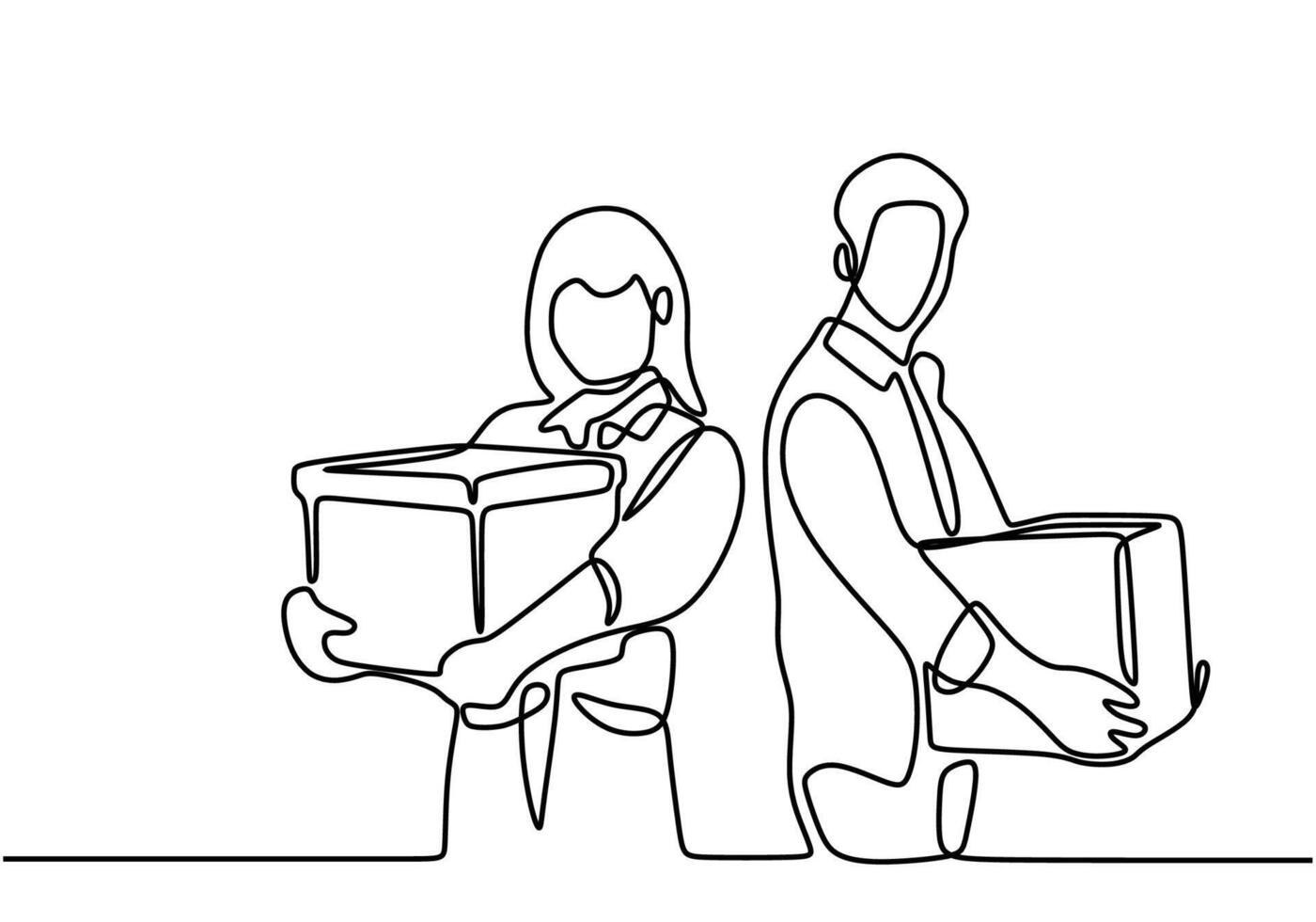 One line drawing man and woman brings donation box. World charity day concept vector