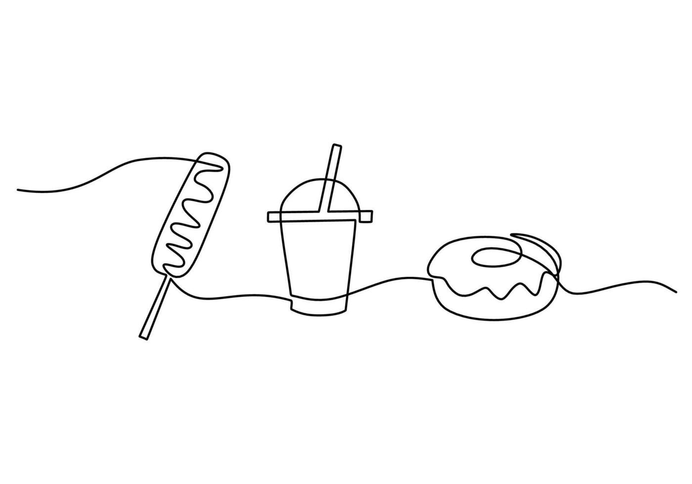 one continuous line drawing of donuts, sweet drinks and candy isolated on white background. vector