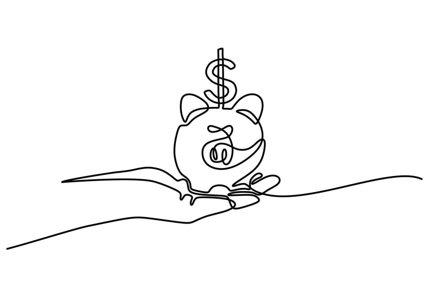 one continuous line drawing of piggy bank on opened hand. Safe money and business finance concept. vector