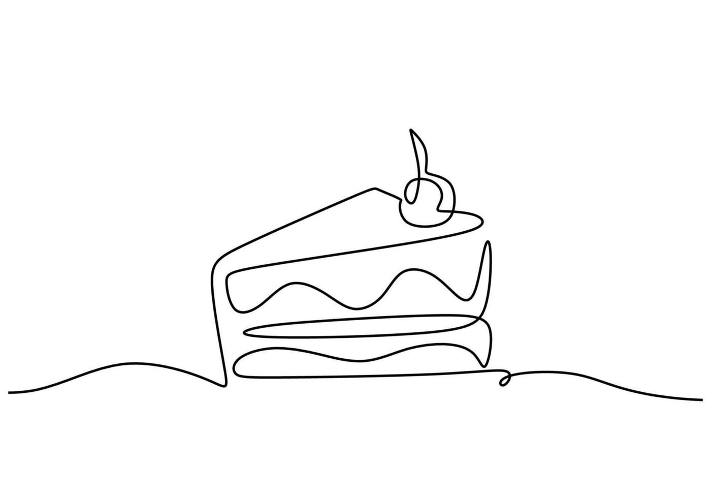 one line drawing of cake with cherries. Hand drawn piece of tasty food vector