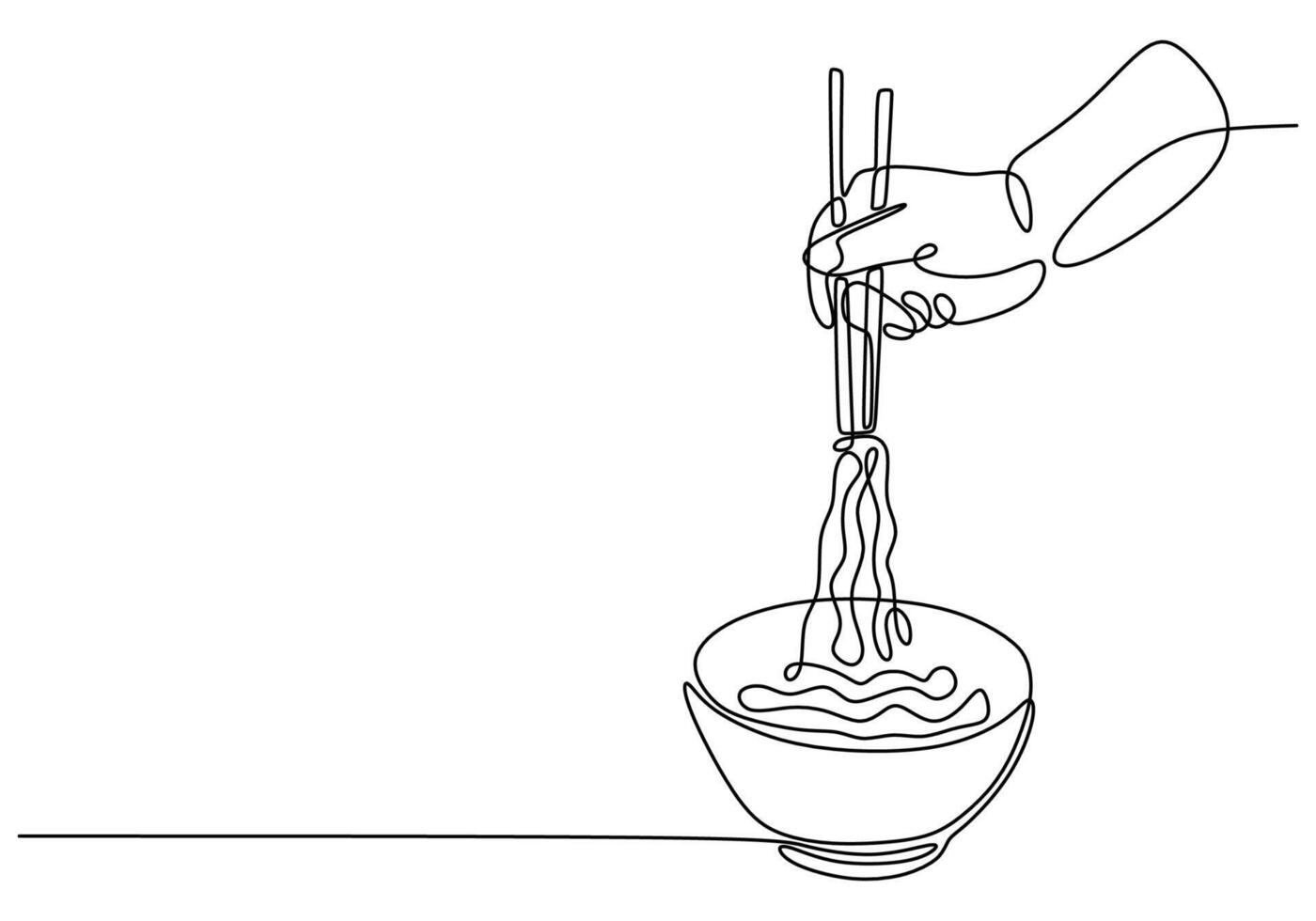 Hand hold chopstick with ramen or ramyeon one line drawing vector