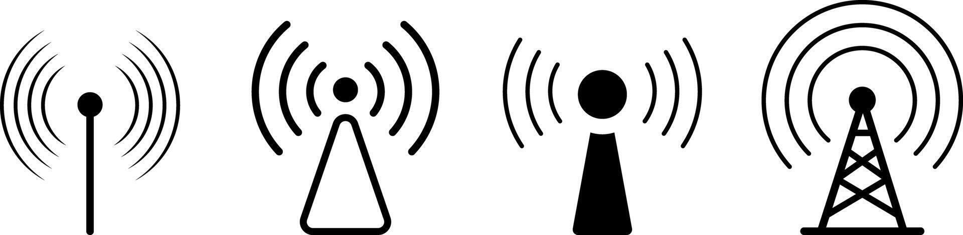 Set of Wireless Signal Tower Icons. Radio tower. Antenna icon. Communication tower. Broadcast transmission. Concept of network, data transmission, broadcasting, telecommunication, and transmitter vector