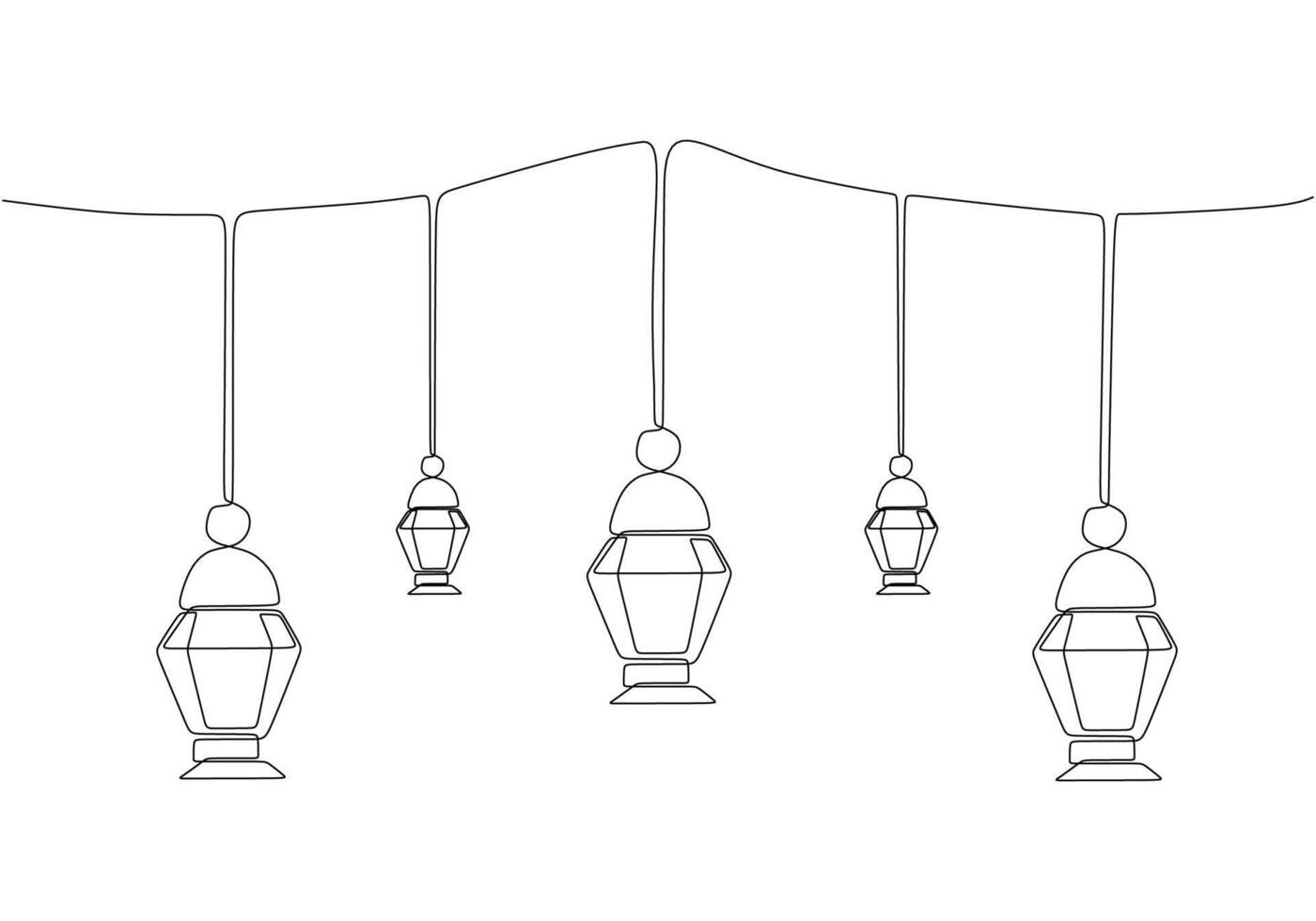 Hanging lanterns in one line drawing. Ramadan kareem concept vector